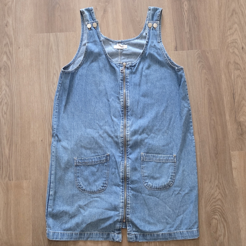Vtg Cherokee Zip Front Denim Jumper Dress M Retro 90s Hipster Cottage Pockets